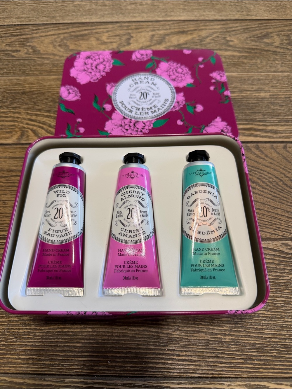 L'Occitane Pink & Teal Hand Cream Trio - Wild Fig, Cherry Almond, Gardenia